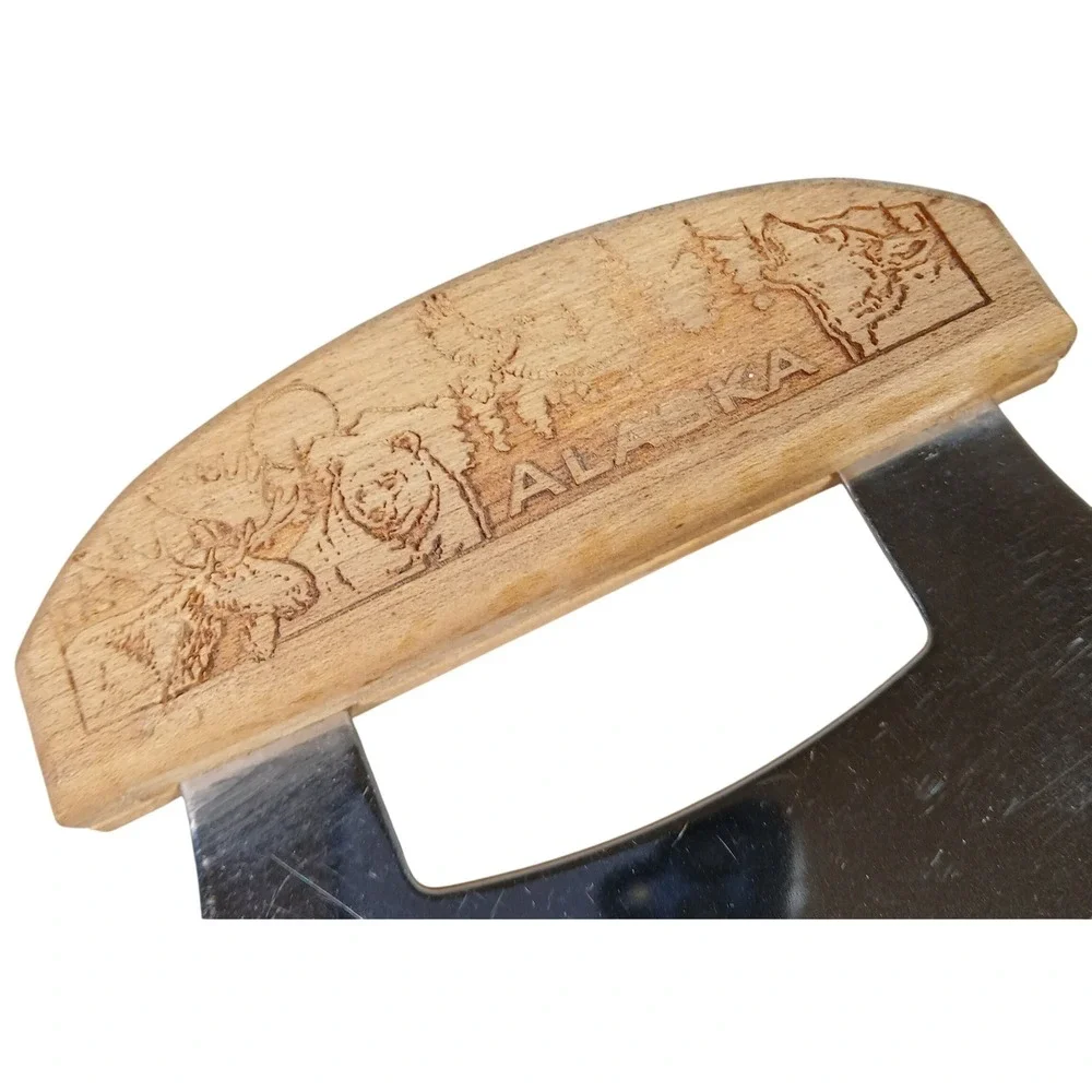 Alaska Ulu Knife Wood Carved Bear Wolf Scene Stainless Steel 5.5